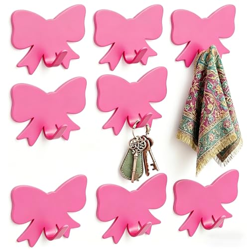 8 Pcs Pink Bow Knot Adhesive Wall Hooks - Cute Kawaii Decor for Hanging