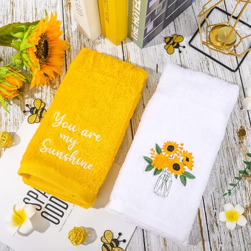 Embroidered Sunflower Hand Towels Set - 2 Cotton Towels for Home