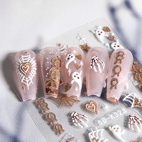 5D Halloween Nail Stickers Cute Ghost Pumpkin Self-Adhesive Decals 3 Sheets