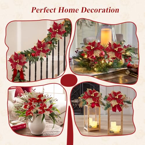 Artificial Poinsettia Flowers Set - 9 Inch Glitter Christmas Decorations, Red & Gold