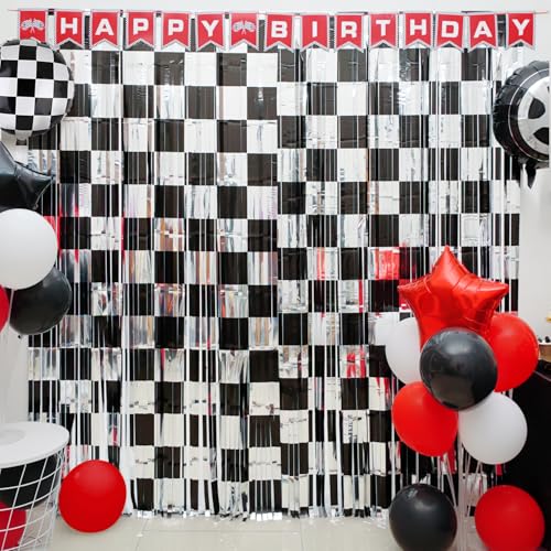 Black Silver Checker Streamer - 2 Pack Race Car Party Backdrop Curtains