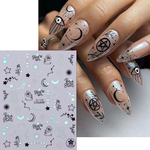 TBRZTR 8 Sheets Laser Silver Nail Art Stickers 3D Self-Adhesive Sun Moon Flower Decals