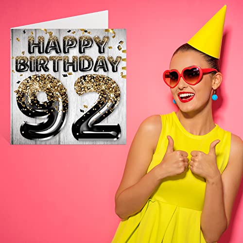 92nd Birthday Card for Him - Black & Gold Glitter Balloons