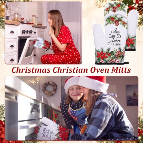 Christian Christmas Oven Mitts Set - Poinsettia Bible Verse & Holiday Floral Design, 4 Pairs