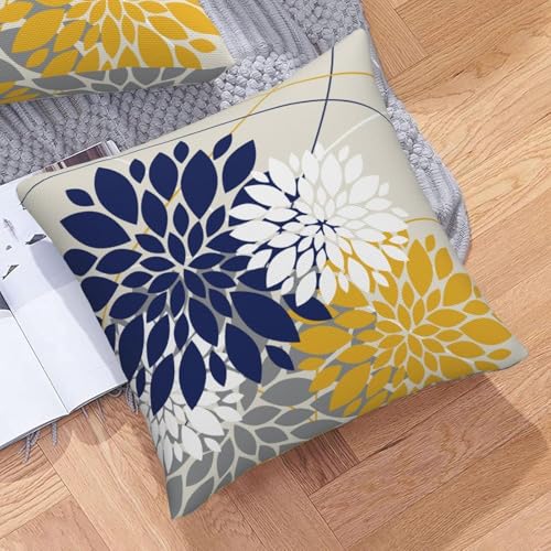 Navy Blue and Yellow Dahlia Floral Throw Pillow Covers - 18x18, Set of 2