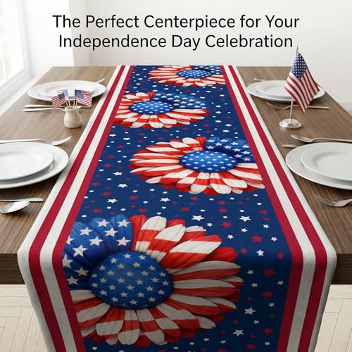 Patriotic 4th of July Table Runner USA Stars Floral Decor