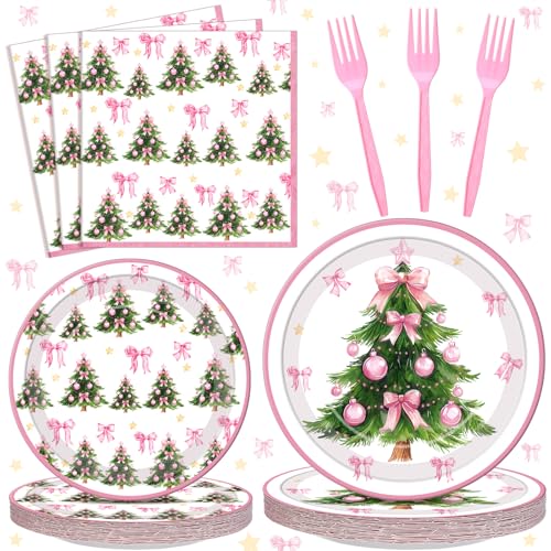 Christmas Pink Bow Paper Plate & Napkin Set - 96 Pcs, Coquette Style