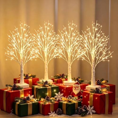 Artificial Birch Tree Lamp Set - 4 Pack Warm White LED Tree Lights with Timer and DIY Branches