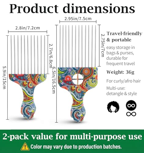 Metal Hair Pick 2-Pack for Black Men - Stainless Steel Afro Comb