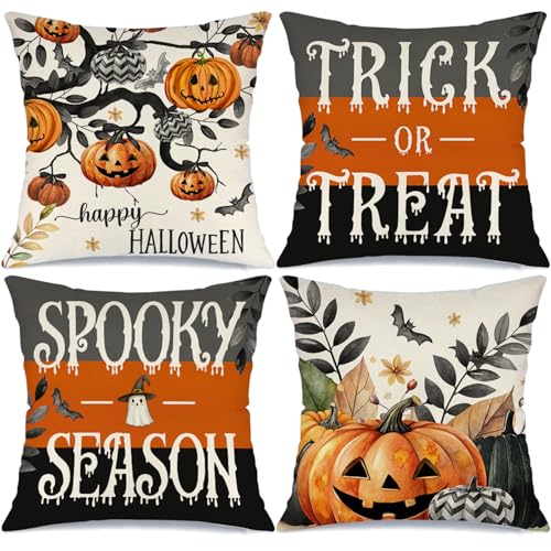 Halloween Pumpkin & Spooky Fall Leaves Throw Pillow Covers Set of 4 18x18