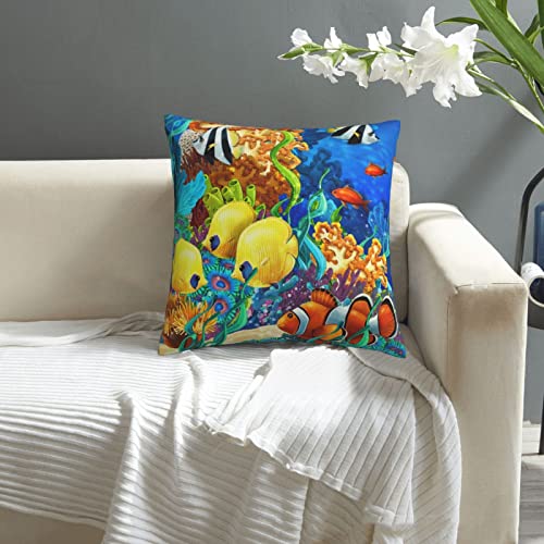 Watercolor Marine Life Throw Pillow Cover - 18x18 Inch Colorful Fish Design