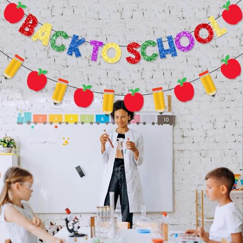 Pre-Strung Welcome Back to School Banner with Glitter Pencil Apple