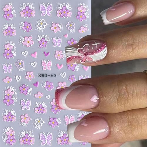 KAICCOSO 5D Embossed Floral Nail Art Stickers Butterfly Daisy Decals 2Pcs