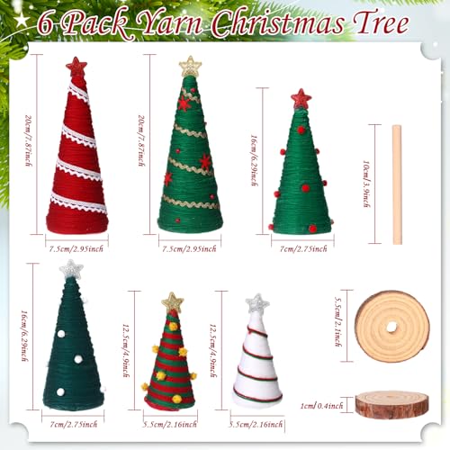 Mini Yarn Christmas Trees Set of 6 - Holiday Table Decorations with Stars