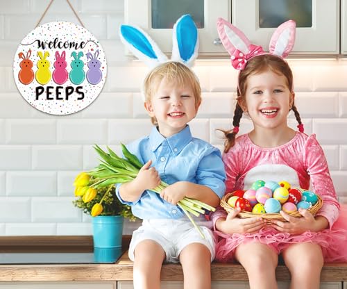 Wooden Welcome Peeps Bunny Door Hanger - Easter Decor Sign