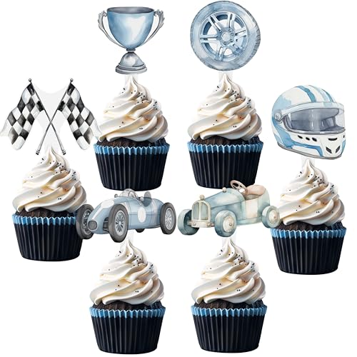 36 Pcs Race Car Cupcake Toppers - Pre-Assembled Birthday Cake Decorations