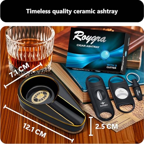 Roygra Black Cigar Ashtray Set with 3 Cutters for Outdoor Use