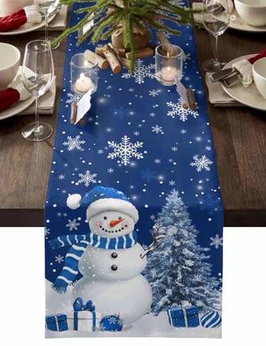 Navy Blue Christmas Table Runner 13x72 Inches - Snowflake Tree Decor, Farmhouse Linen Blend