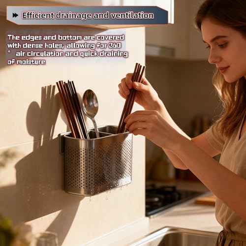 304 Stainless Steel Utensil Holder, 2-Compartment Kitchen Drainer Rack