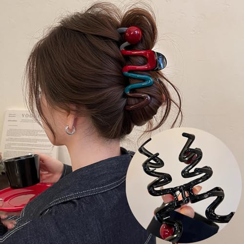 FRUZJAY Wavy Acrylic Hair Claw Clip with Red Beads Strong Hold Nonslip