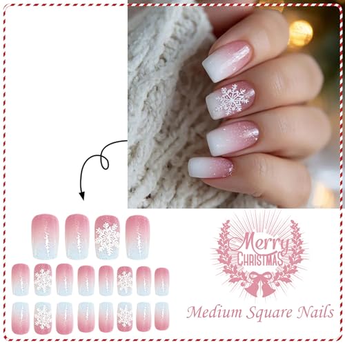 ASABITE Christmas Press on Nails Glitter Snowflake False Nails Medium Square