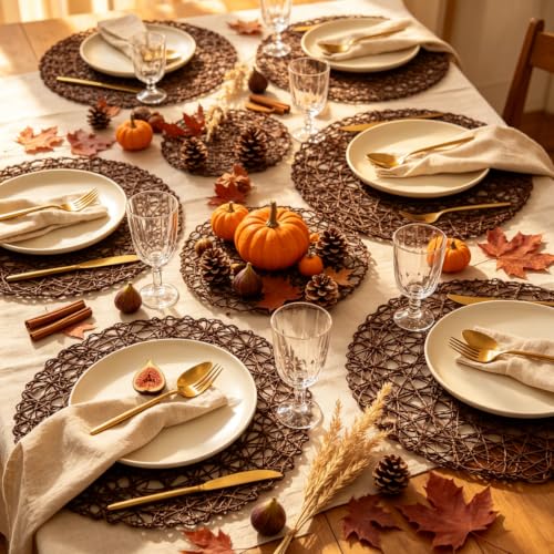 IcosaMro Set of 12 Round Brown Placemats - 13 Inch Woven Paper Table Decor