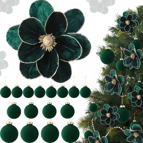 Green Velvet Christmas Tree Decorations Set with Poinsettias & Ornaments