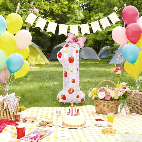 40 Inch Strawberry Number 1 Balloon for First Birthday Party Decorations