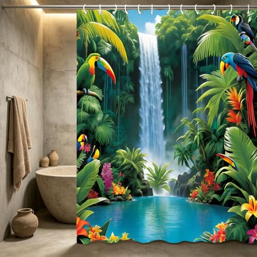 DLRIUAZEP Tropical Jungle Shower Curtain Set 72x72 Inches with Waterfall Parrots & Palm Trees - Variation 305