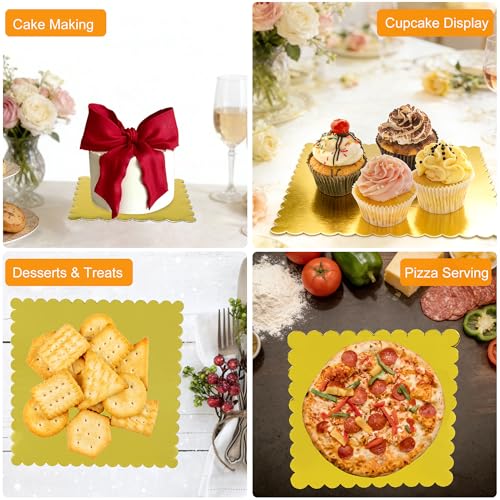 Dulinkas 8 Inch Square Gold Cake Boards with Scalloped Edge - 10 Pack