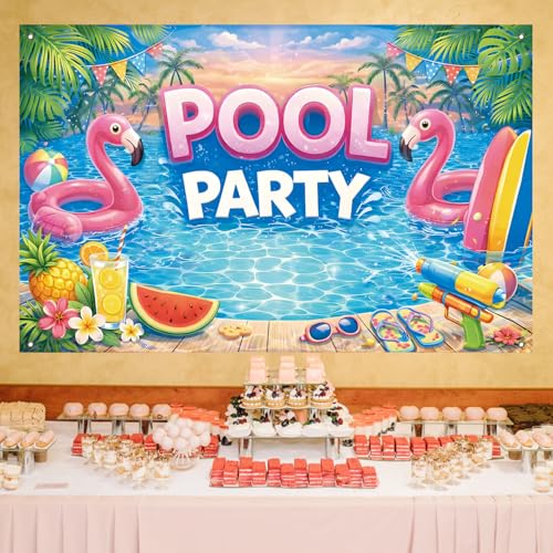 Pink Flamingo Pool Party Backdrop Banner - 71 x 43 Inch