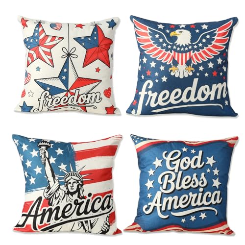 QPIXVB 18x18 Patriotic Throw Pillow Covers Set of 4 Red White Blue Outdoor Home Decor