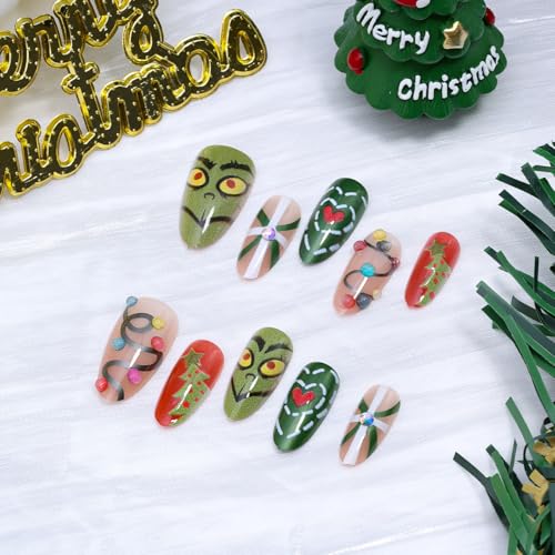 Christmas Press on Nails Medium Almond Fake Nails 30Pcs Xmas Rhinestone