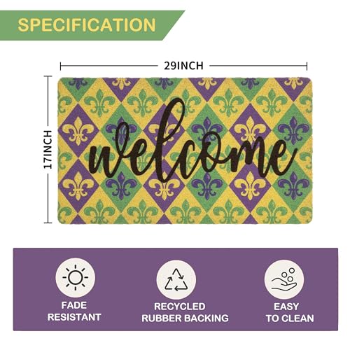 Eohak Mardi Gras Welcome Doormat 17x29 Inches Non-Slip Carnival Fleur-De-Lis Outdoor Entry Rug