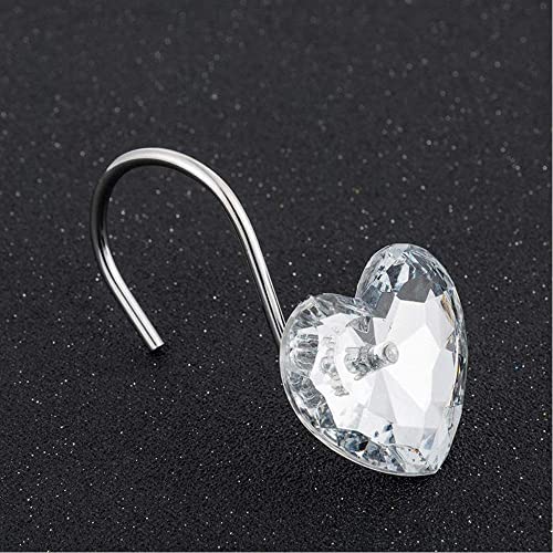 Crystal Heart Shower Curtain Hooks - Rust Resistant, Pack of 12