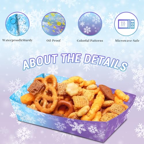 50 Pack Snowflake Paper Food Trays - Disposable Snack Boat for Winter Parties