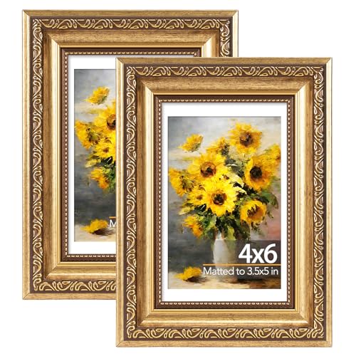 JCJMY 4x6 Vintage Gold Picture Frame Set with Mat - 2 Pack
