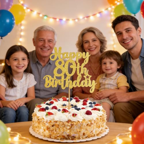 80th Birthday Cake Topper Gold Glitter 80th Birthday Party Decoration