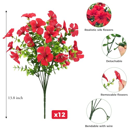 12 Pcs Artificial Silk Geranium Flowers - UV Resistant Red Outdoor Decor