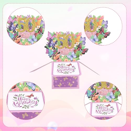 50th Birthday Pop-Up Card with Envelope - 3D Floral Butterfly Design
