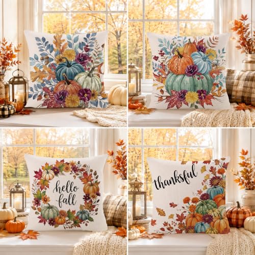 DTDO Pumpkin Floral Fall Throw Pillow Covers 18x18 Set of 4 for Bedroom & Home Decor