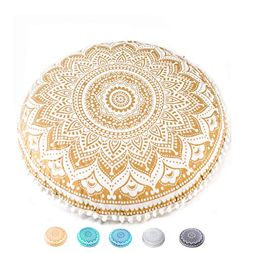 Mandala Life ART Bohemian Floor Cushion Cover - 32" Round Golden Lotus