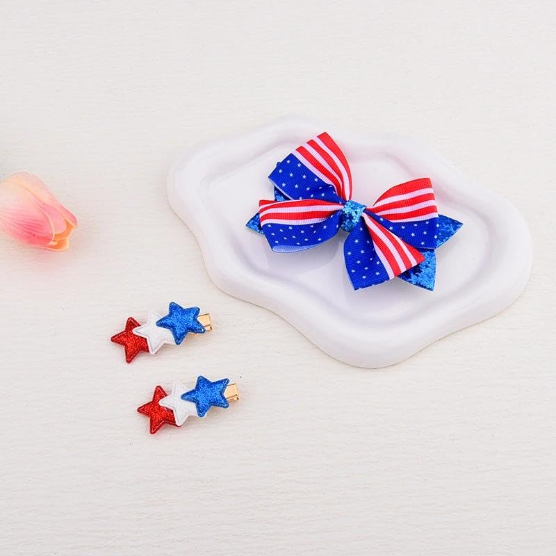 Patriotic 4th of July Bow Hair Clips Set - Red White and Blue American Flag Hairpins (3 Pcs)