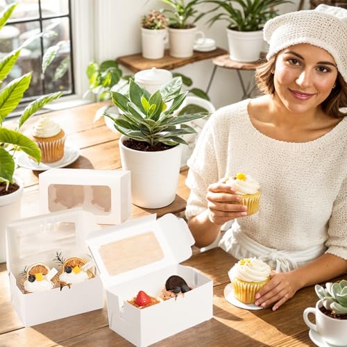 10 Pack White 2-Cavity Cupcake Boxes with Clear Window for Bakery Treats