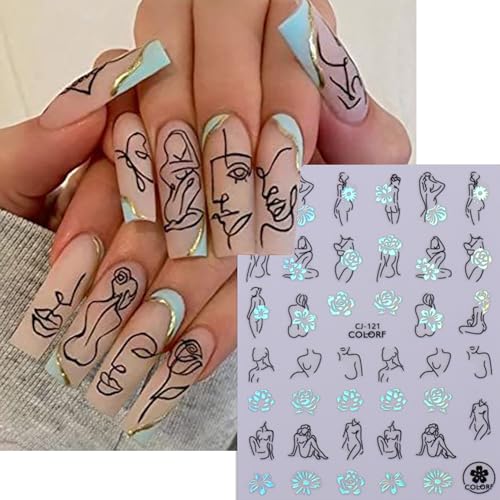TBRZTR 8 Sheets Laser Silver Nail Art Stickers 3D Self-Adhesive Sun Moon Flower Decals