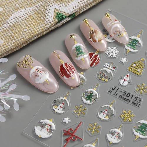 5D Embossed Christmas Nail Art Stickers Winter Crystal Ball Snowman Decals 2 Sheets