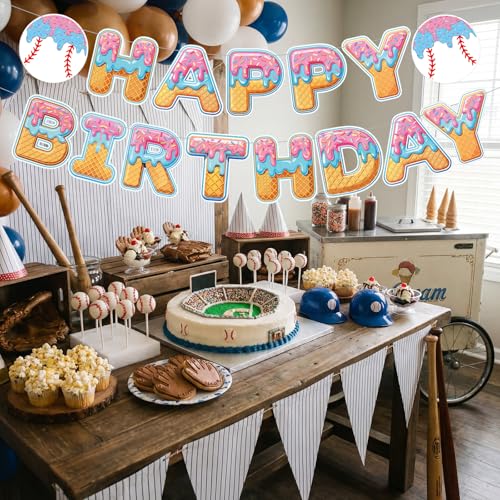Baseball Ice Cream Drip Happy Birthday Banner - DIY Party Decor