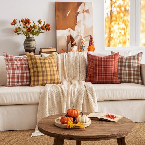 MIULEE Burnt Orange Plaid Pillow Covers 18x18 Inch - Set of 2