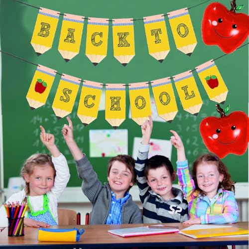 Back to School Pencil Banner with Apples Balloons Set
