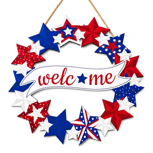 Patriotic Wooden 4th of July Door Sign - 12x12 Inch Star Decor